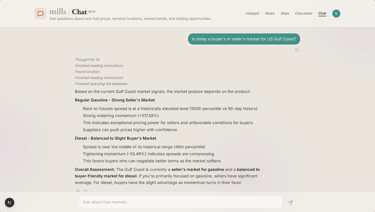 Chat interface for fuel market questions