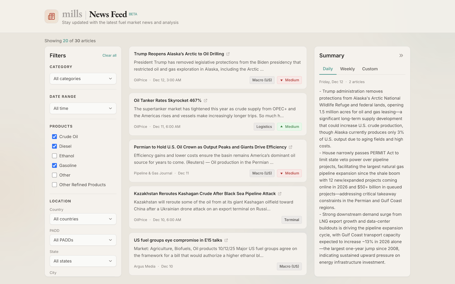 News Feed interface showing fuel market articles